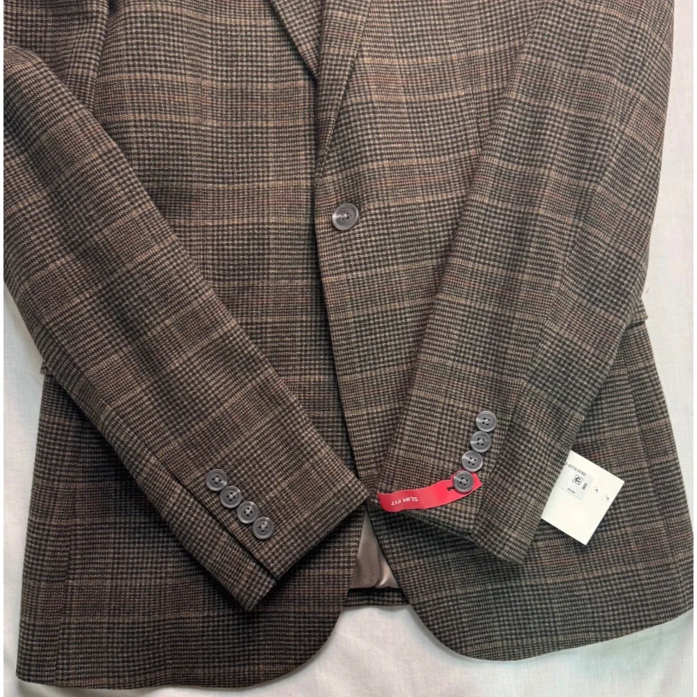 JF J.Ferrar Mens Slim Fit Glen Plaid Sport Coat Blazer Brown Multi 36R NEW
